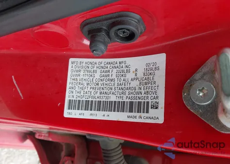 2020 Honda Civic Lx из США, поврежденный, VIN 2HGFC2F69LH537301